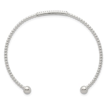 Sterling Silver Polished and Beaded CZ Bar Cuff Bangle — alternate view