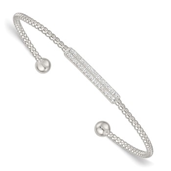 Sterling Silver Polished and Beaded CZ Bar Cuff Bangle