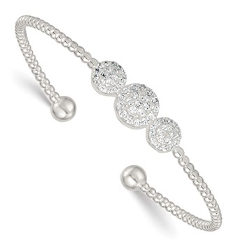 Sterling Silver Polished and Beaded Pave CZ Triple Circle Cuff Bangle