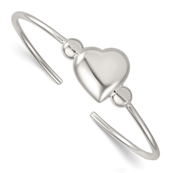 Sterling Silver Polished and Beaded Domed Heart Cuff Bangle