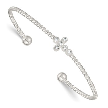 Sterling Silver Polished and Beaded CZ Cross Cuff Bangle