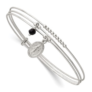 Sterling Silver Polished Beaded Miraculous Medal and Black Glass Bead Triple Band Slip-on Bangle Bracelet