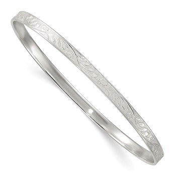Sterling Silver Polished Textured 4.00mm Floral Pattern Slip-on Bangle Bracelet
