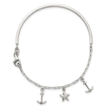 Sterling Silver Polished Anchor and Starfish Charms Half Bangle Bracelet — alternate view