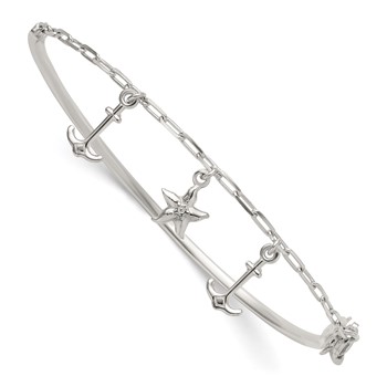 Sterling Silver Polished Anchor and Starfish Charms Half Bangle Bracelet