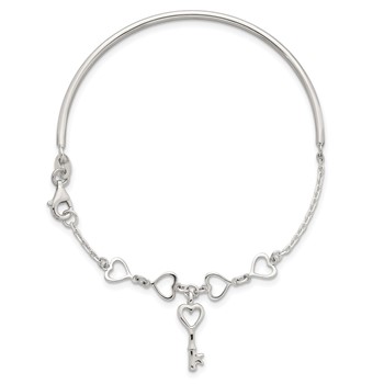 Sterling Silver Polished Open Hearts and Key Charms Half Bangle Bracelet — alternate view