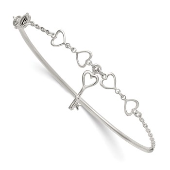 Sterling Silver Polished Open Hearts and Key Charms Half Bangle Bracelet