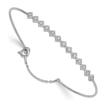 Sterling Silver Rhodium-plated Polished and Textured CZ Cuff with Safety Chain Bracelet
