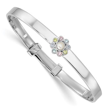 "Sterling Silver Rhodium-plated Polished Green, Pink, Blue and Purple CZ and Freshwater Cultured Pearl Flower Childrens Expandable Bangle"