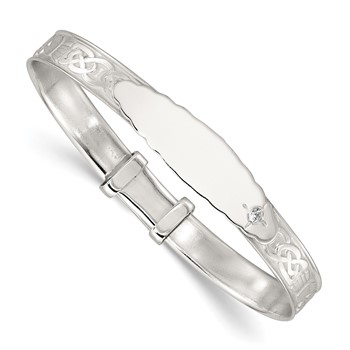 Sterling Silver Polished White CZ Claddagh Expandable Slip-on Baby ID Bangle