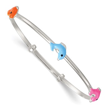 Sterling Silver Blue/Pink/Black Enamel Dolphins Childrens Expandable Slip-on Bangle