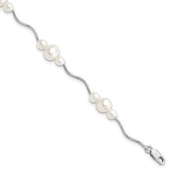 Sterling Silver Rhodium-plated 3-6mm White Near-Round Freshwater Cultured Pearl 7.25 inch Bracelet