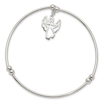 Sterling Silver Rhodium-plated Bead w/Angel Stretch Bangle Bracelet — alternate view