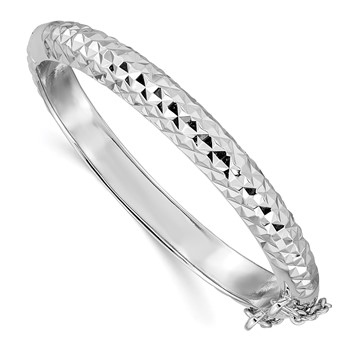 Sterling Silver Rhodium-plated Polished & Diamond-cut 5.5mm with Safety Clasp Hinged Children's Bangle