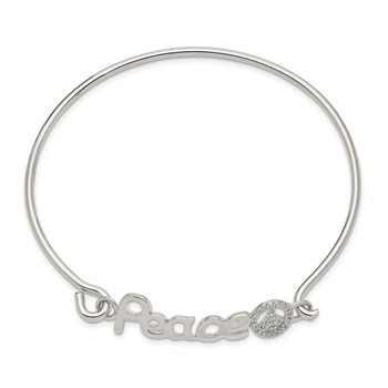 Sterling Silver Rhod-plated Polished CZ PEACE with Peace Sign Bangle — alternate view