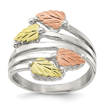 Sterling Silver Rhod-pltd with 12K Accents Black Hills Leaves Bypass Ring