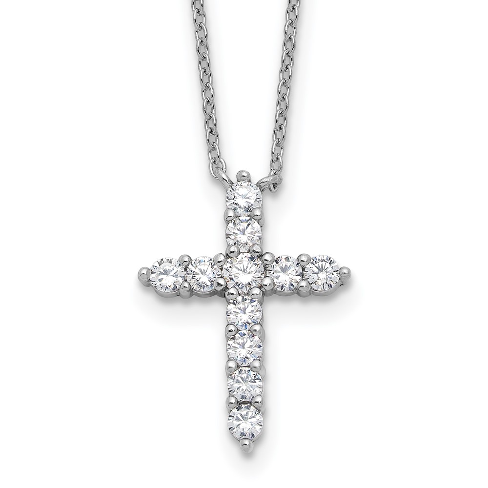 SS Rhodium-plated CZ April Birthstone Cross 16in w/2in ext Necklace