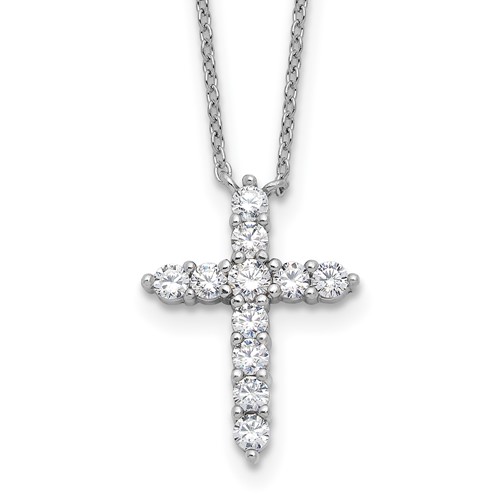 SS Rhodium-plated CZ April Birthstone Cross 16in w/2in ext Necklace