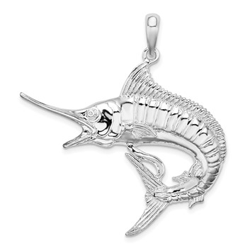 De-Ani Sterling Silver Rhodium-Plated Polished and Textured Marlin Fish Pendant