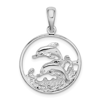 De-Ani Sterling Silver Rhodium-Plated Polished Dolphins Swimming Oval Pendant