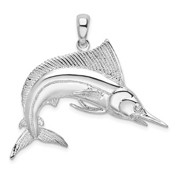 De-Ani Sterling Silver Rhodium-Plated Polished and Satin Striped Marlin Pendant