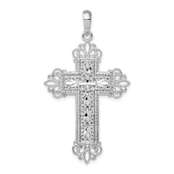 De-Ani Sterling Silver Rhodium-Plated Diamond-Cut Filigree Fleur de Lis Cross Pendant
