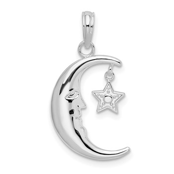 De-Ani Sterling Silver Rhodium-Plated Moveable Crescent Moon with Star Pendant