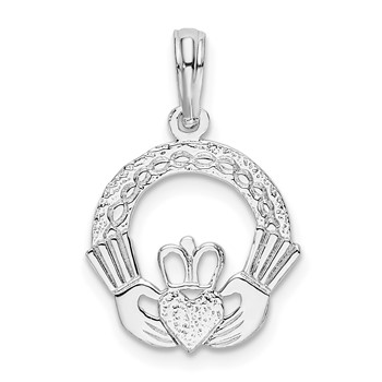 De-Ani Sterling Silver Rhodium-Plated Polished and Textured Claddagh Circle Pendant
