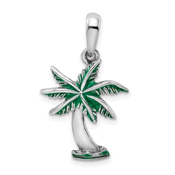 De-Ani Sterling Silver Rhodium-Plated Polished Enameled Palm Tree Pendant