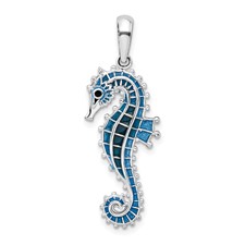 Image of De-Ani Sterling Silver Rhodium-Plated Polished 3D Enameled Blue Seahorse Pendant