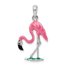 Image of De-Ani Sterling Silver Rhodium-Plated Polished 3D Pink Flamingo Pendant