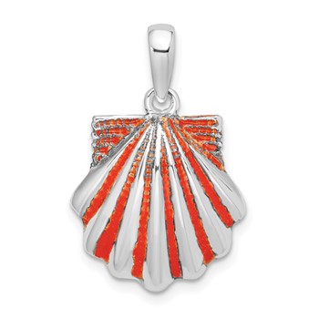 Sterling Silver Polished Enameled Orange Scallop Shell Pendant