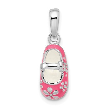 De-Ani Sterling Silver Rhodium-Plated 3D Pink Enameled Baby Shoe Pendant