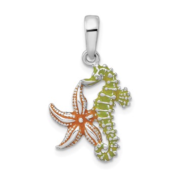 De-Ani Sterling Silver Rhodium-Plated Enameled Starfish and Seahorse Pendant