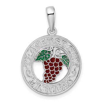 De-Ani Sterling Silver Rhodium-Plated Enameled Traverse City Michigan with Grapes Pendant