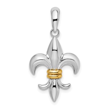 De-Ani Sterling Silver Rhodium-Plated Polished Fleur de Lis with 14k Accent Pendant