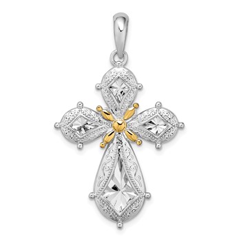 De-Ani Sterling Silver Rhodium-Plated Polished Filigree Cross with 14k Accent Pendant