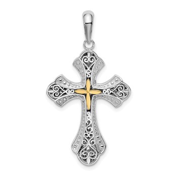 De-Ani Sterling Silver Rhodium-Plated Filigree Budded Cross with 14k Accent Pendant