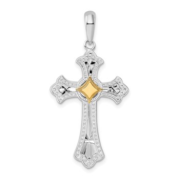De-Ani Sterling Silver Rhodium-Plated Diamond-Cut Fleur de Lis Cross with 14k Accent Pendant