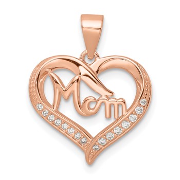 Sterling Silver Rose-tone CZ Mom Heart Pendant