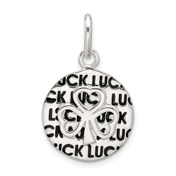 Sterling Silver Polished Enamel Luck with Clover Round Pendant