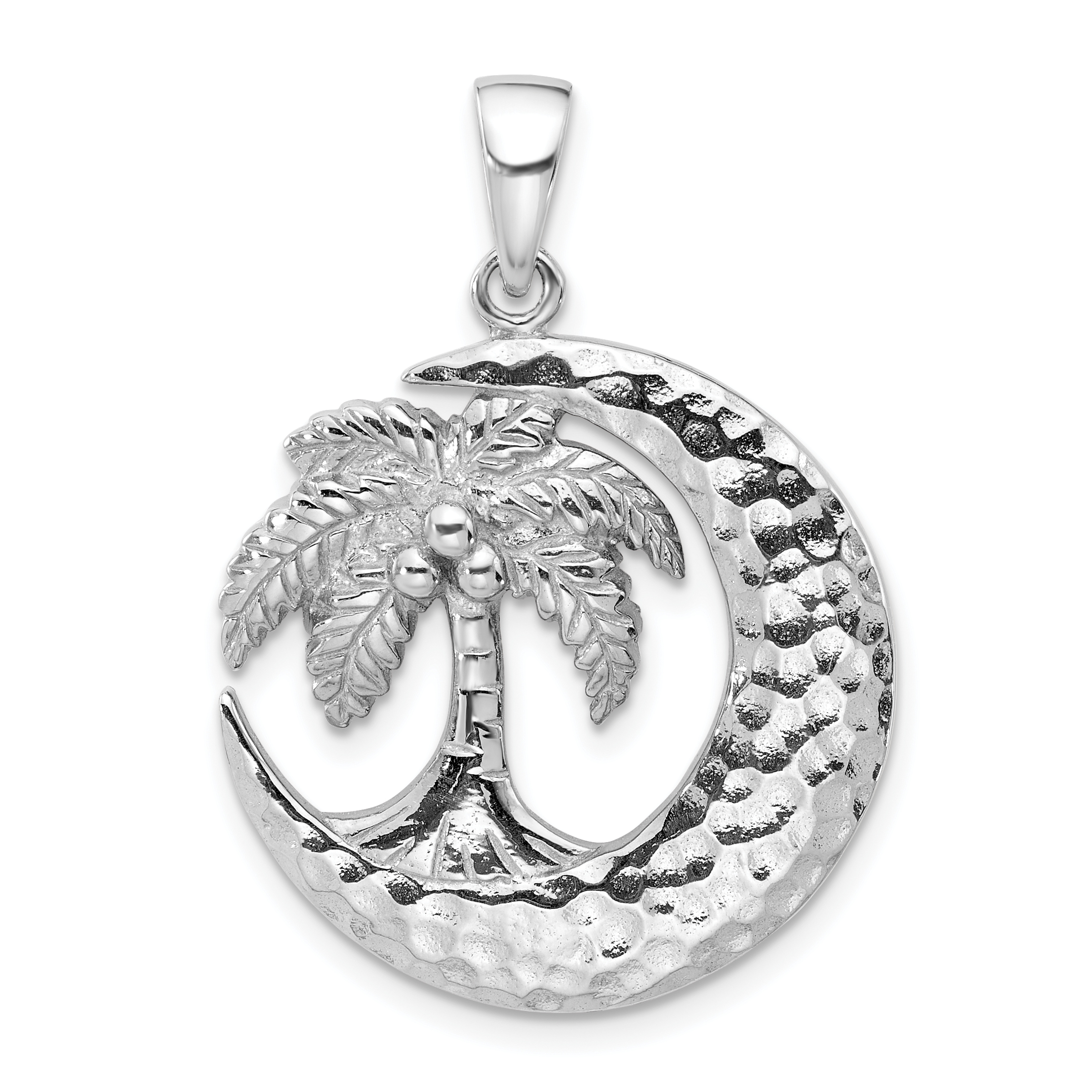Sterling Silver Rh-Plated Polished Palm Tree with Crescent Moon