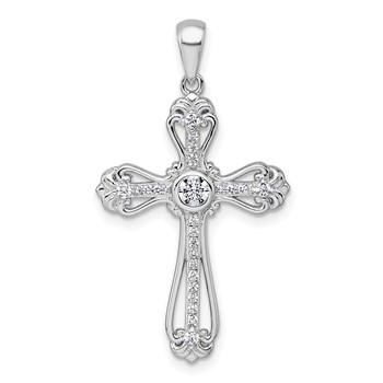 Sterling Silver Rhodium-plated Polished Fancy CZ Cross Pendant