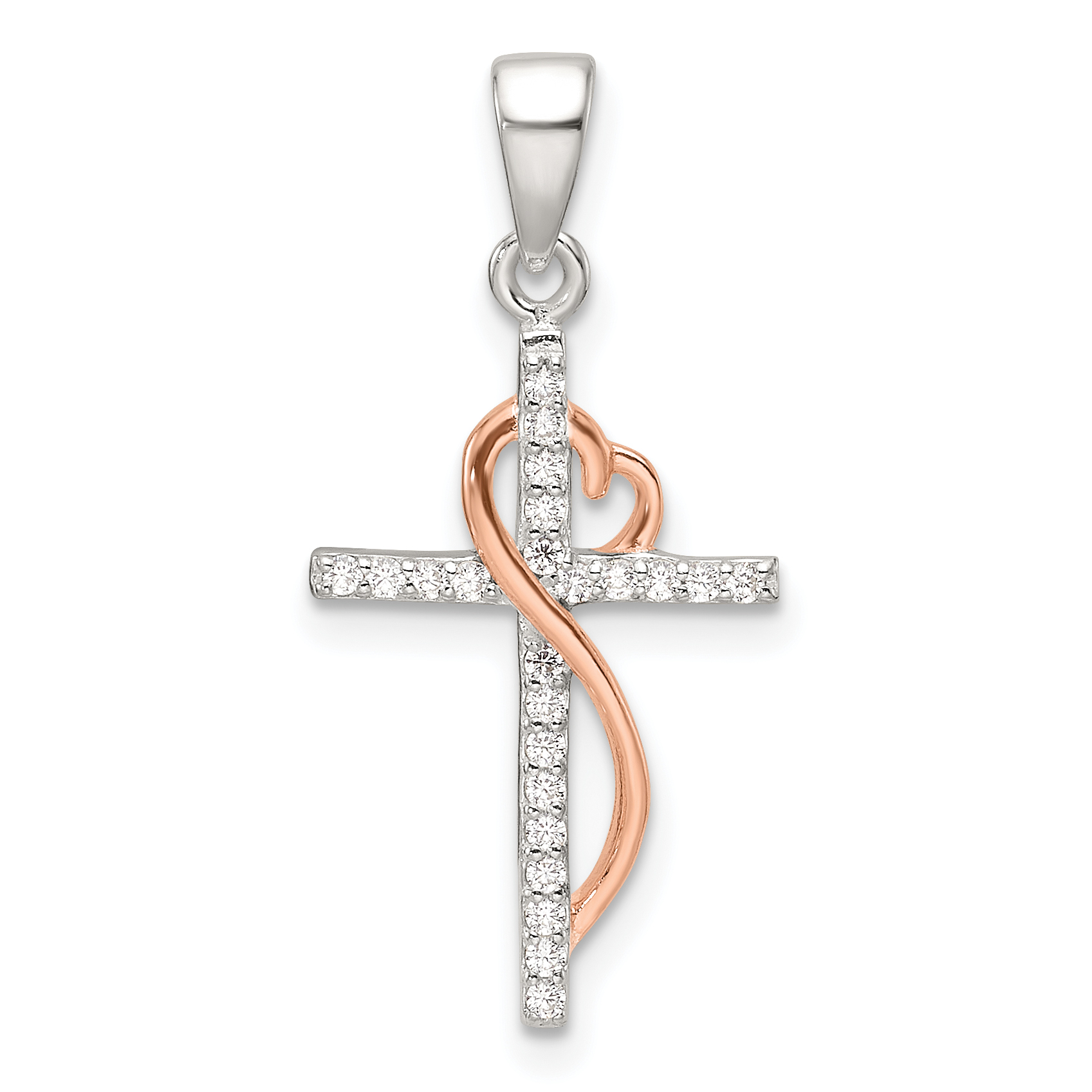 Sterling Silver Rose-tone Polished CZ Heart Cross Pendant - Quality Gold