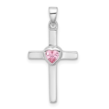 Sterling Silver Rhodium-plated Pink Heart CZ Cross Pendant