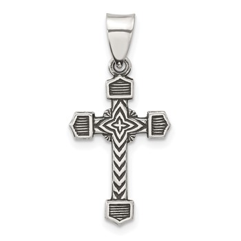 Sterling Silver Antiqued Solid Textured Budded Cross Pendant