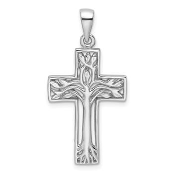 Sterling Silver Rhodium-Plated Polished Cross with Tree Pendant