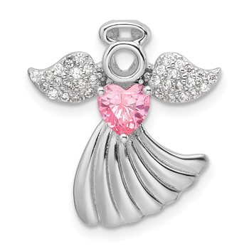 SS Rhodium-plated Pink and Clear CZ Angel Chain Slide Pendant
