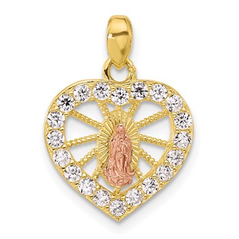 SS Gold and Rose-tone CZ Our Lady of Guadalupe Heart Pendant