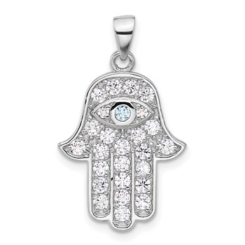 Sterling Silver Rhodium-plated Blue and White CZ Hamsa Eye Pendant